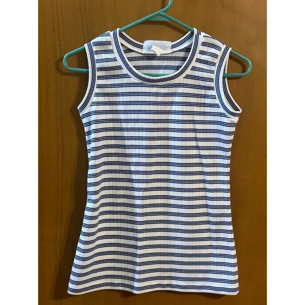 Lucky Tops Ribbed Striped Tank Top White‎ Navy Sleeveless Knit Top Size Small